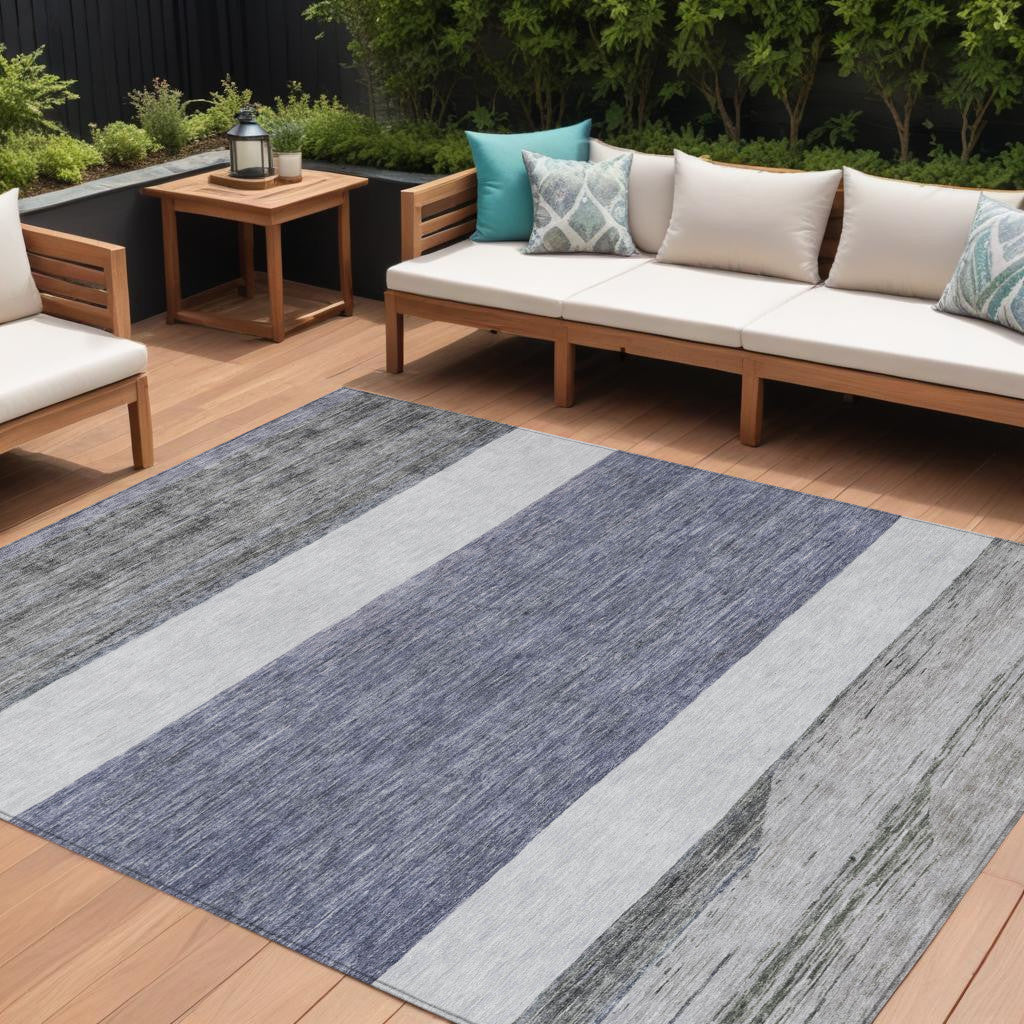 9 X 12 Denim Blue Ivory And Gray Abstract Washable Indoor Outdoor Area Rug