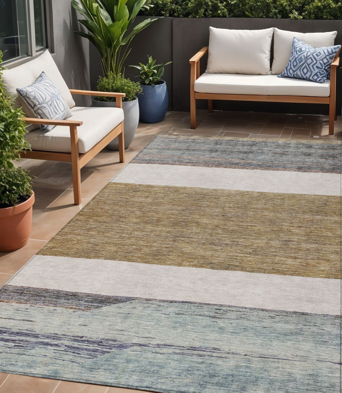 5 X 8 Brown Ivory And Blue Abstract Washable Indoor Outdoor Area Rug