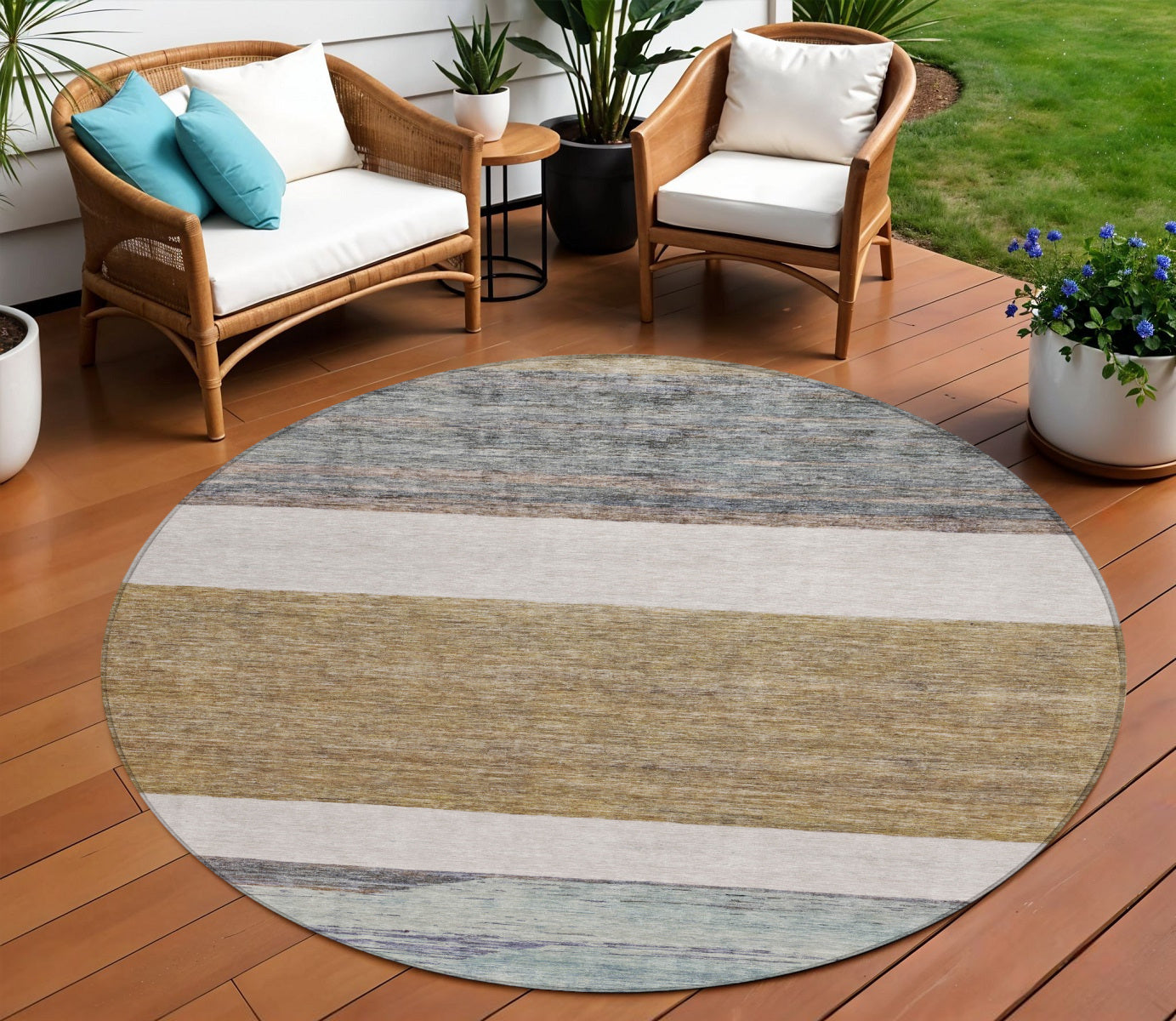 8 Brown Ivory And Blue Round Abstract Washable Indoor Outdoor Area Rug