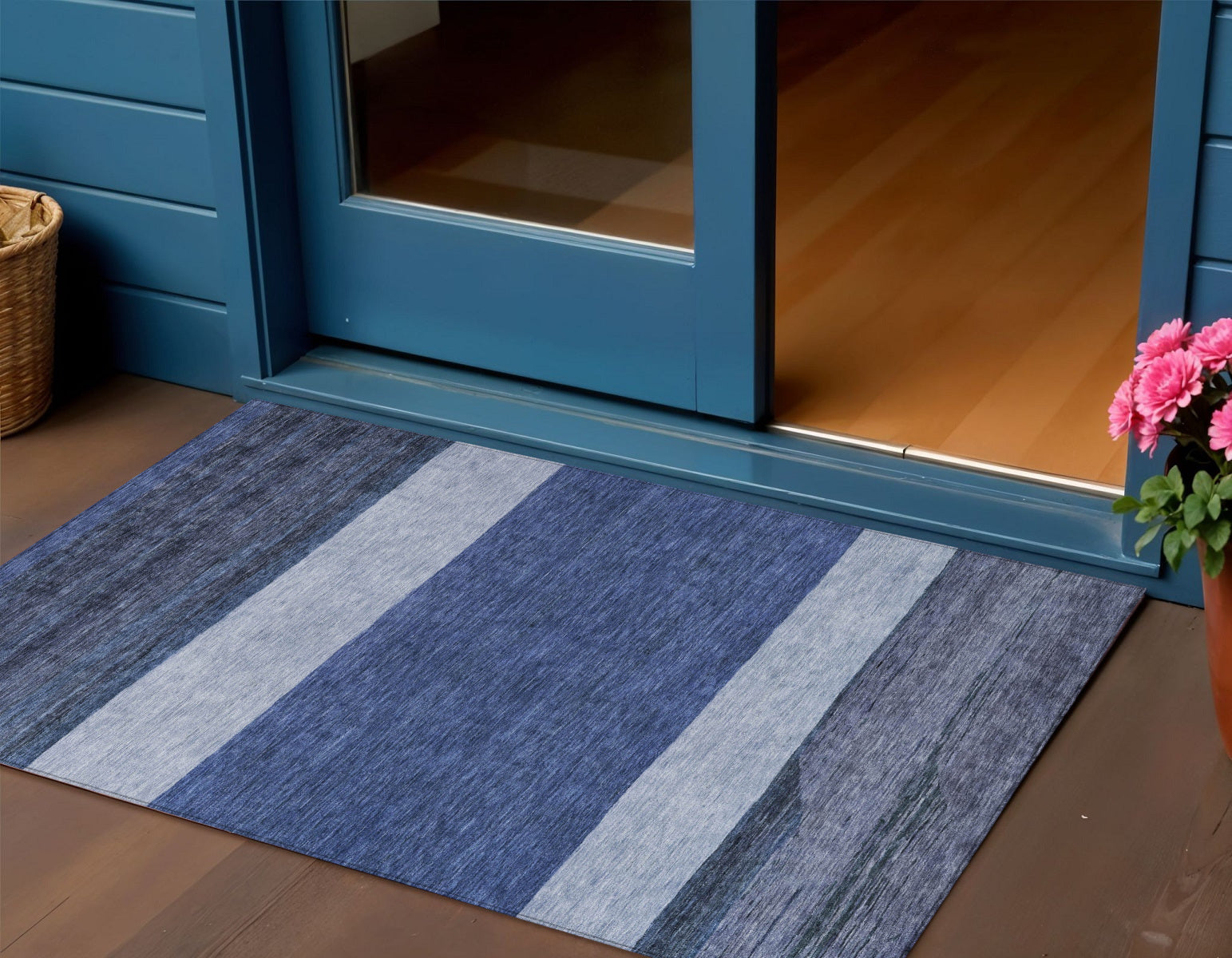 3 X 5 Navy Blue Sky Blue And Charcoal Abstract Washable Indoor Outdoor Area Rug