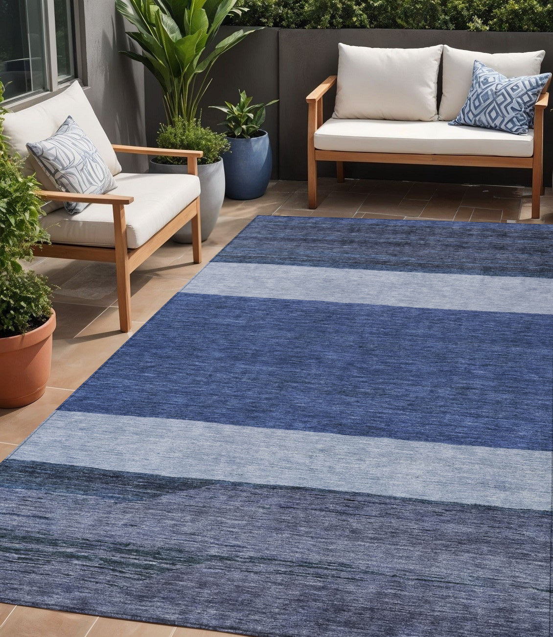 5 X 8 Navy Blue Sky Blue And Charcoal Abstract Washable Indoor Outdoor Area Rug