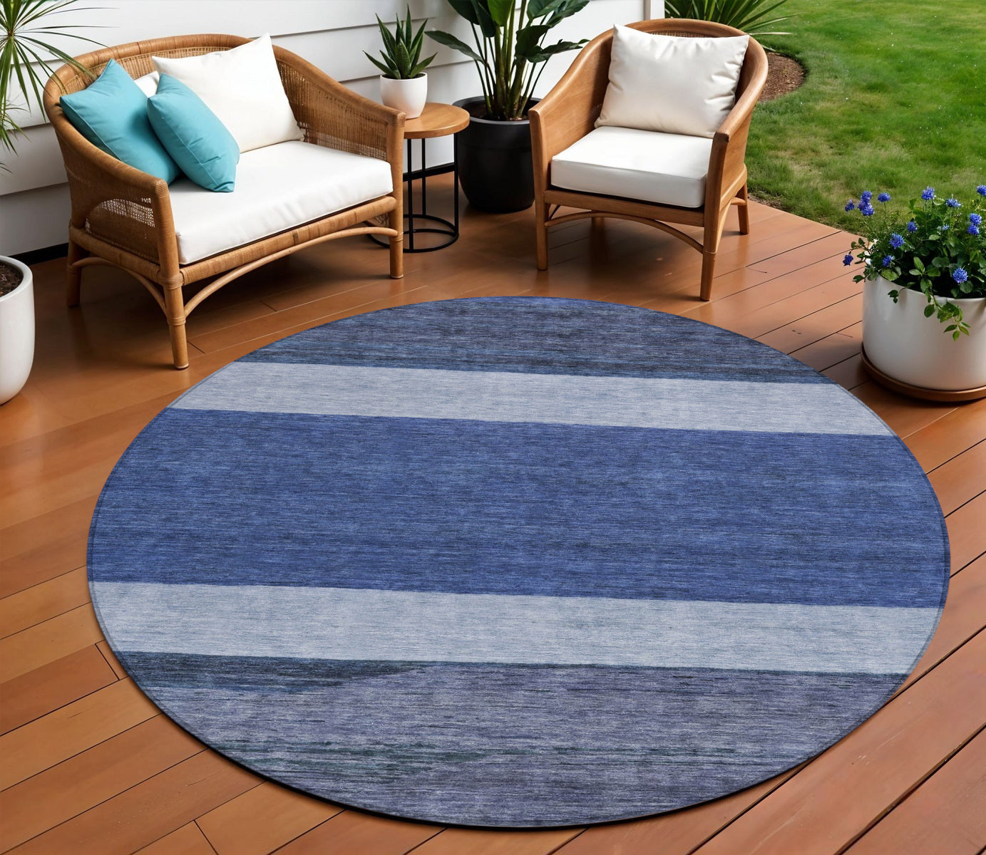 8 Navy Blue Sky Blue And Charcoal Round Abstract Washable Indoor Outdoor Area Rug