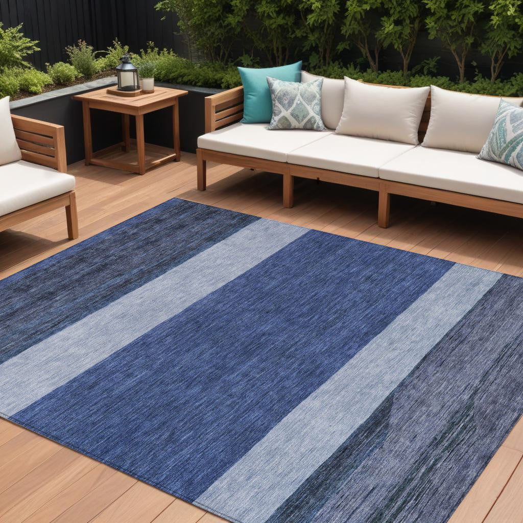 9 X 12 Navy Blue Sky Blue And Charcoal Abstract Washable Indoor Outdoor Area Rug