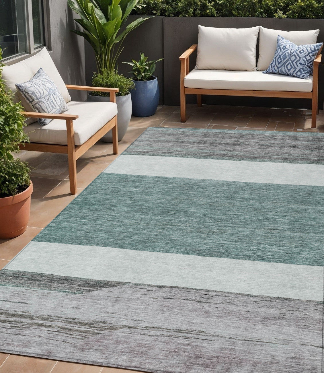 5 X 8 Teal Blue Off White And Gray Abstract Washable Indoor Outdoor Area Rug