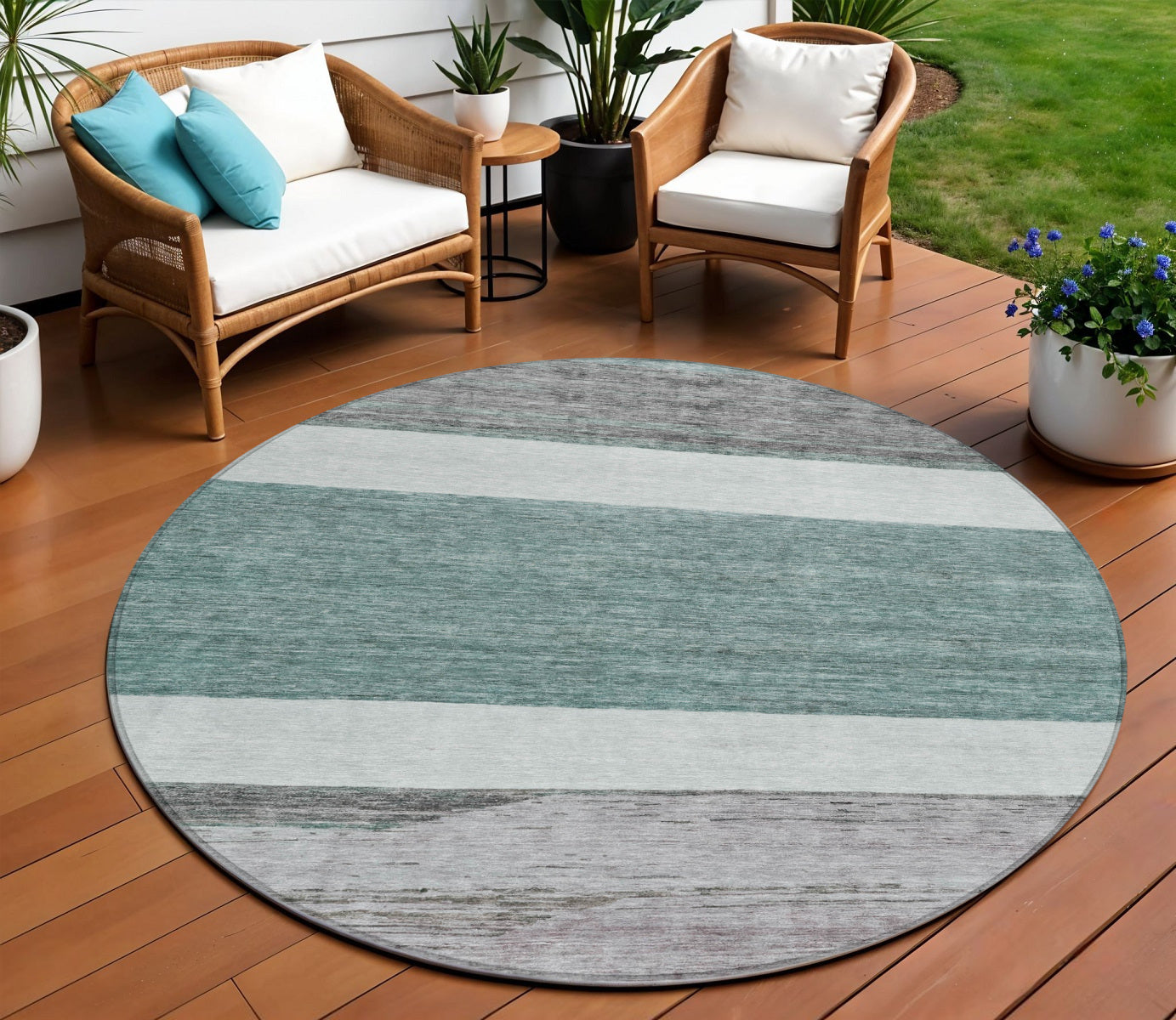8 Teal Blue Off White And Gray Round Abstract Washable Indoor Outdoor Area Rug