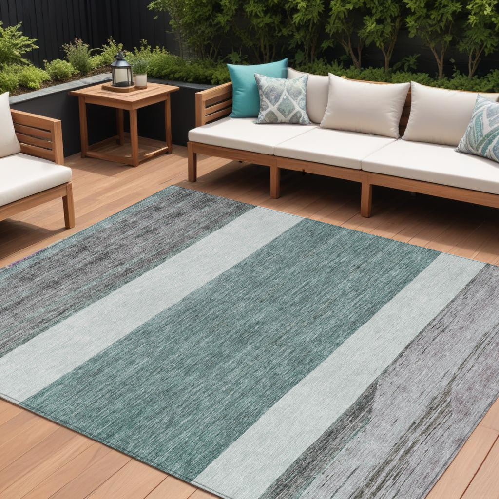 9 X 12 Teal Blue Off White And Gray Abstract Washable Indoor Outdoor Area Rug