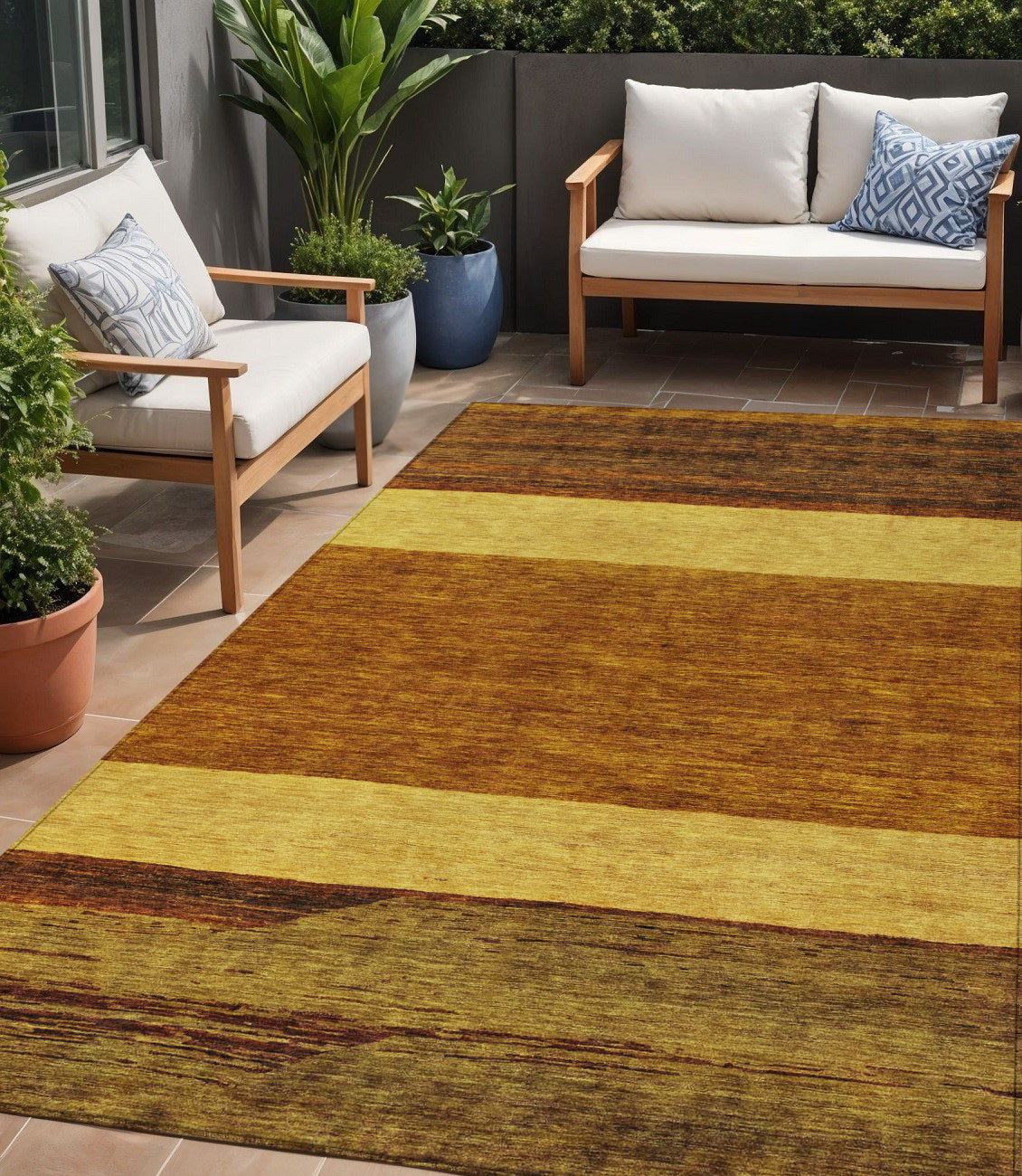 5 X 8 Terra Cotta Gold And Brown Abstract Washable Indoor Outdoor Area Rug
