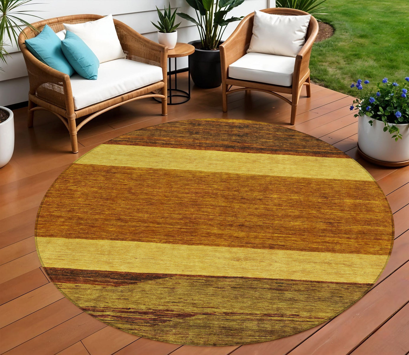 8 Terra Cotta Gold And Brown Round Abstract Washable Indoor Outdoor Area Rug