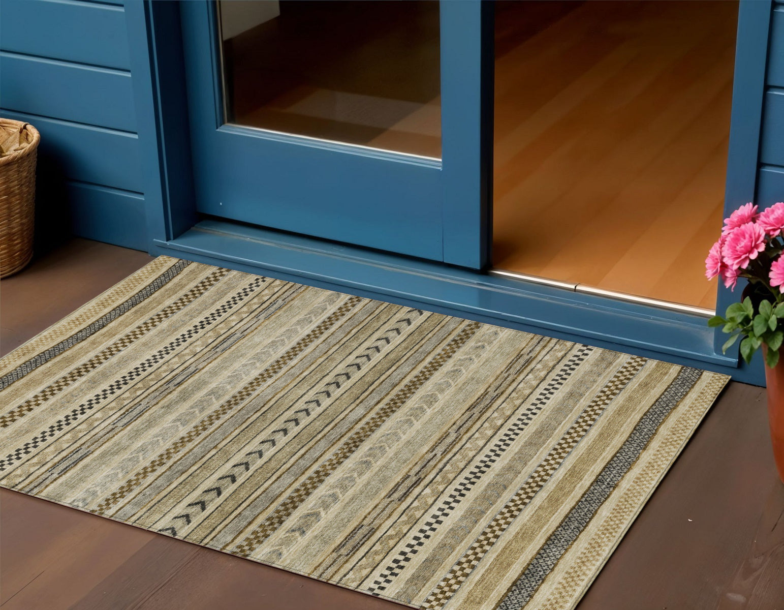 3 X 5 Chocolate And Taupe Striped Washable Indoor Outdoor Area Rug