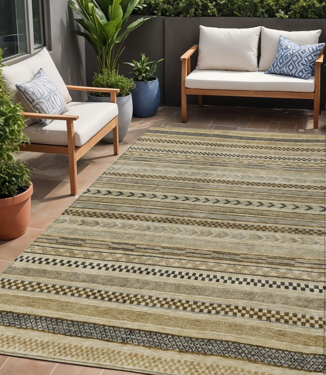 5 X 8 Chocolate And Taupe Striped Washable Indoor Outdoor Area Rug