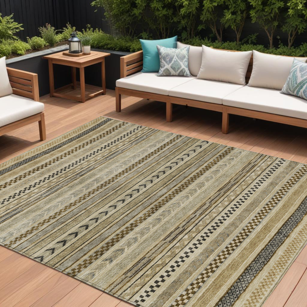8 X 10 Chocolate And Taupe Striped Washable Indoor Outdoor Area Rug