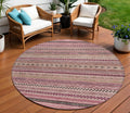 8 Pink And Taupe Round Striped Washable Indoor Outdoor Area Rug