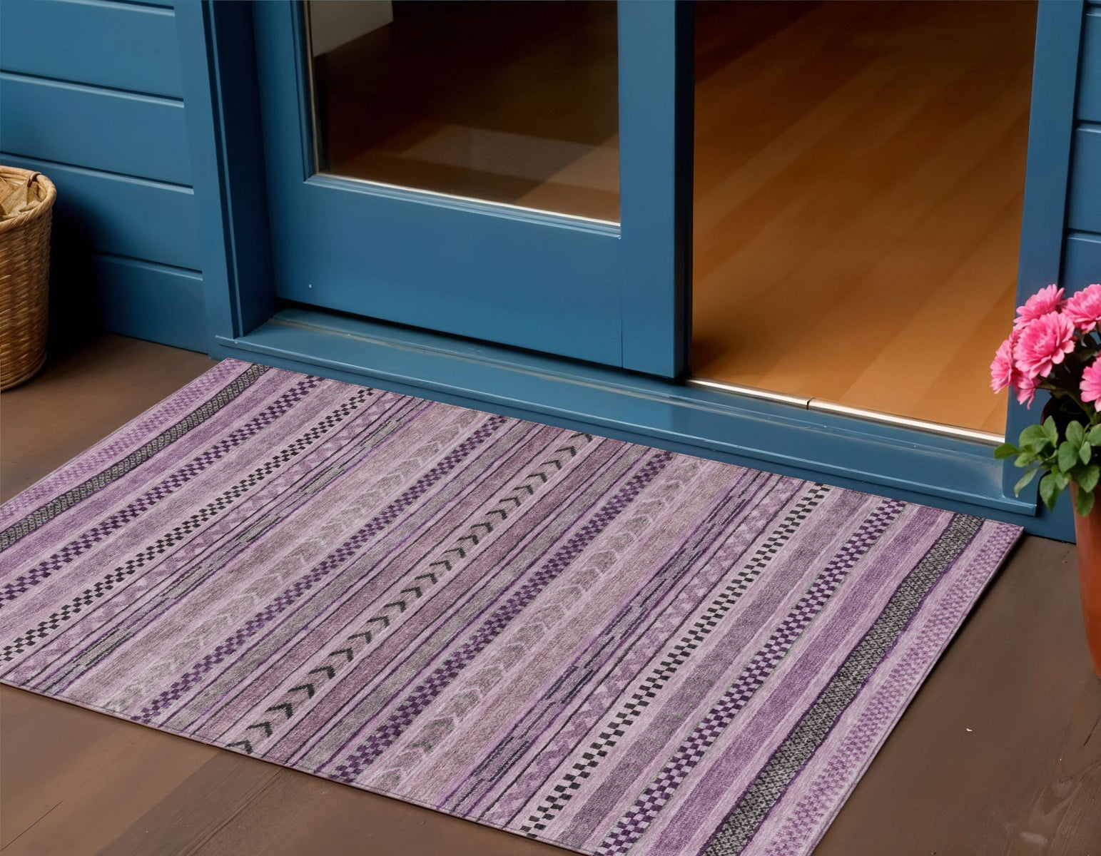 3 X 5 Plum And Lilac Striped Washable Indoor Outdoor Area Rug