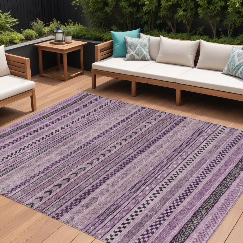 9 X 12 Plum And Lilac Striped Washable Indoor Outdoor Area Rug