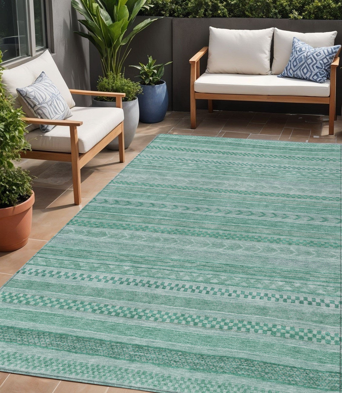 5 X 8 Turquoise And Aqua Striped Washable Indoor Outdoor Area Rug