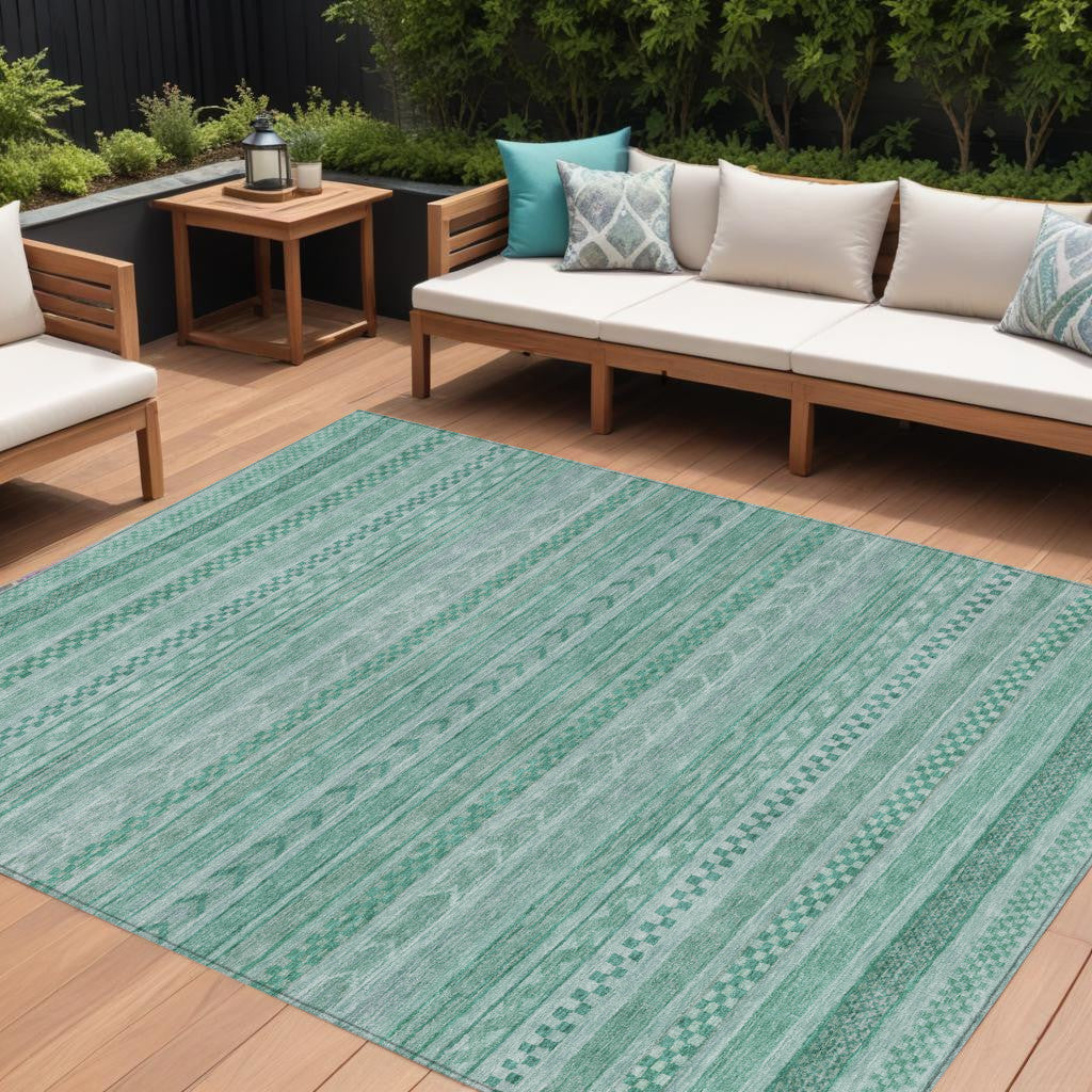 9 X 12 Turquoise And Aqua Striped Washable Indoor Outdoor Area Rug