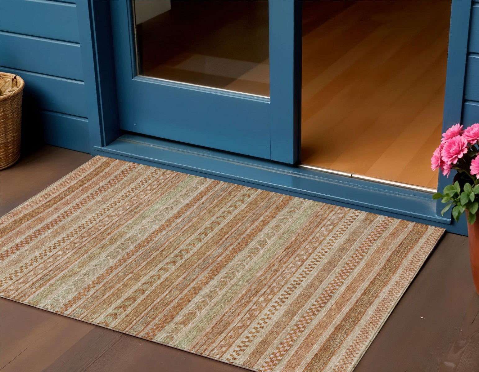 3 X 5 Terra Cotta And Rust Striped Washable Indoor Outdoor Area Rug