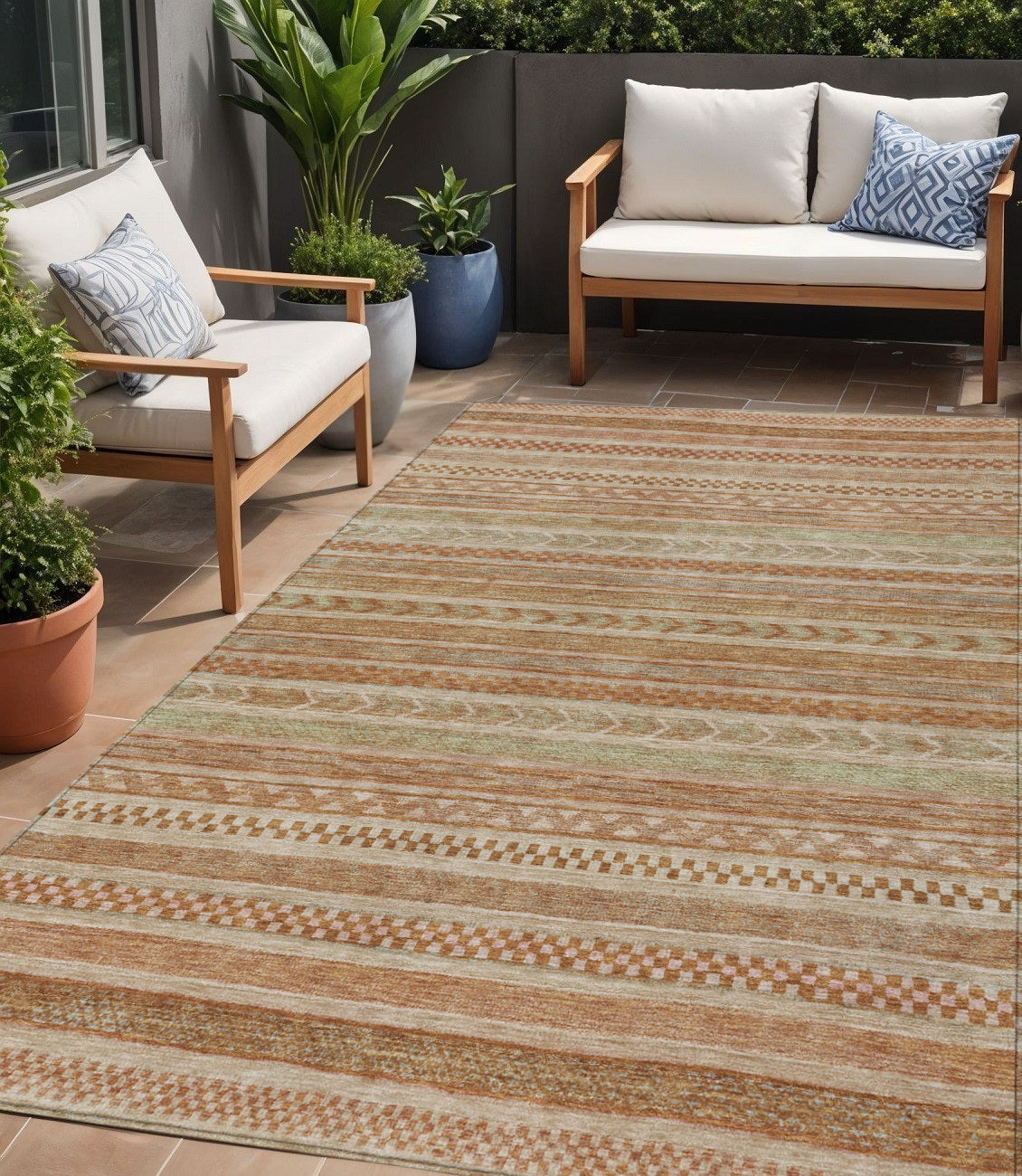 5 X 8 Terra Cotta And Rust Striped Washable Indoor Outdoor Area Rug