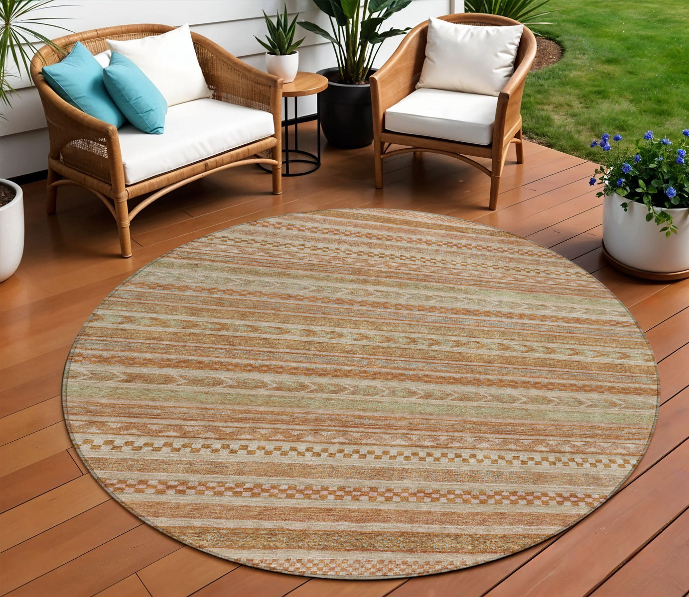 8 Terra Cotta And Rust Round Striped Washable Indoor Outdoor Area Rug