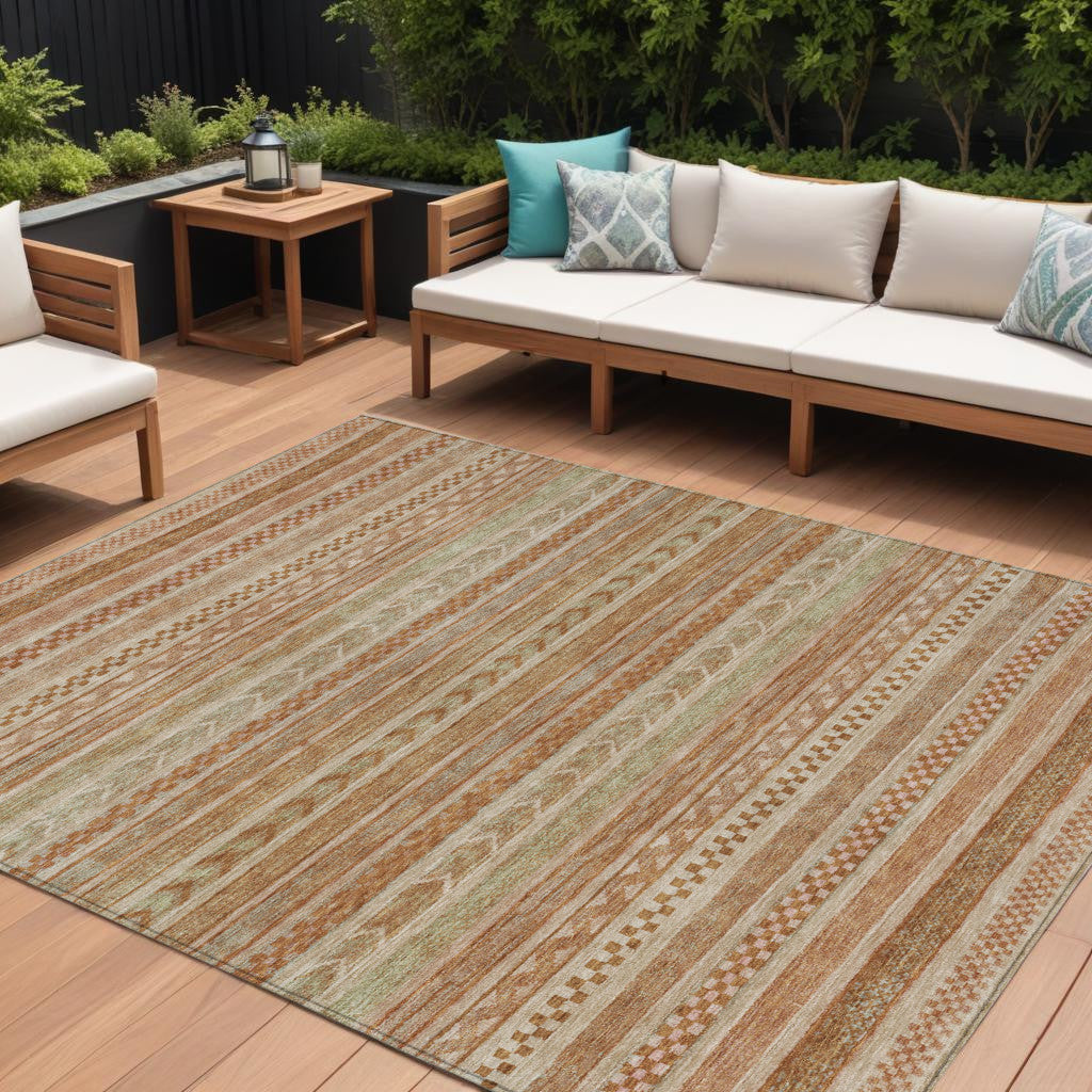 8 X 10 Terra Cotta And Rust Striped Washable Indoor Outdoor Area Rug