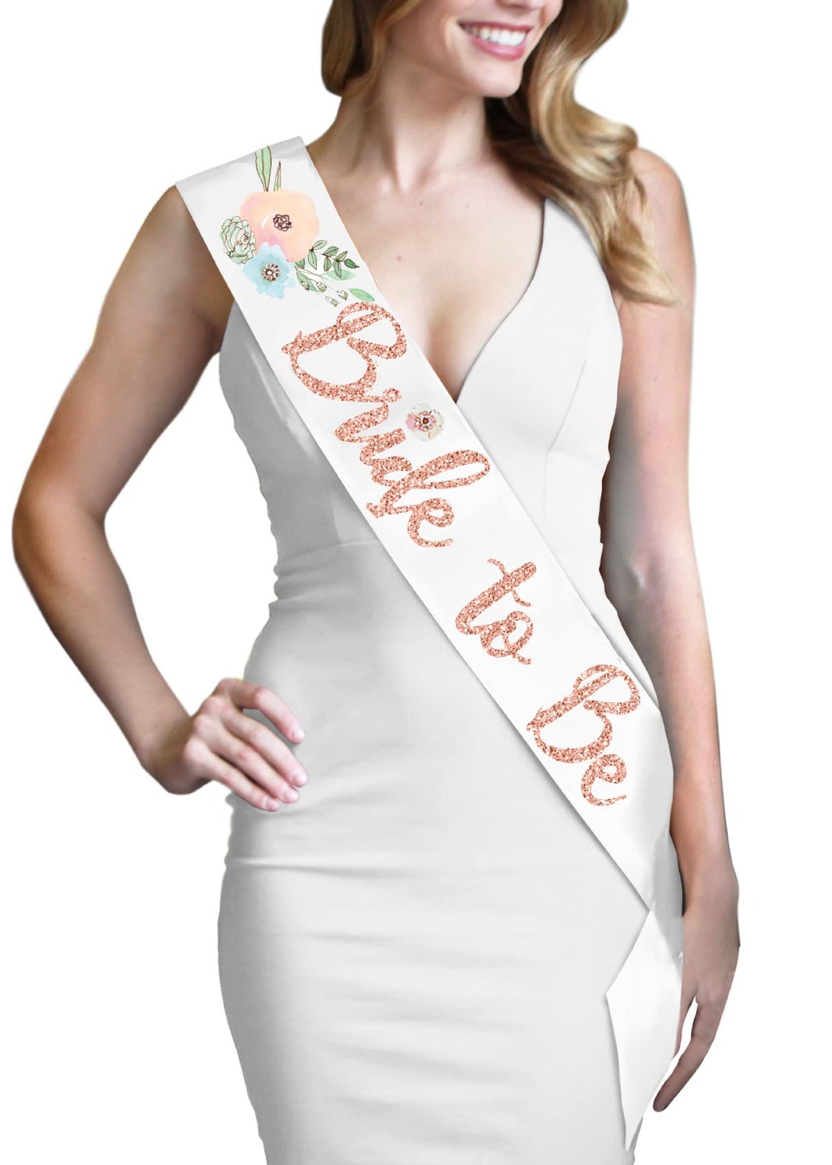 Floral Rose Gold Bride Sash - Quality Bridal Grade Satin Watercolor Diamond Bride to Be Glitter Bridal Shower Decorations & Supp