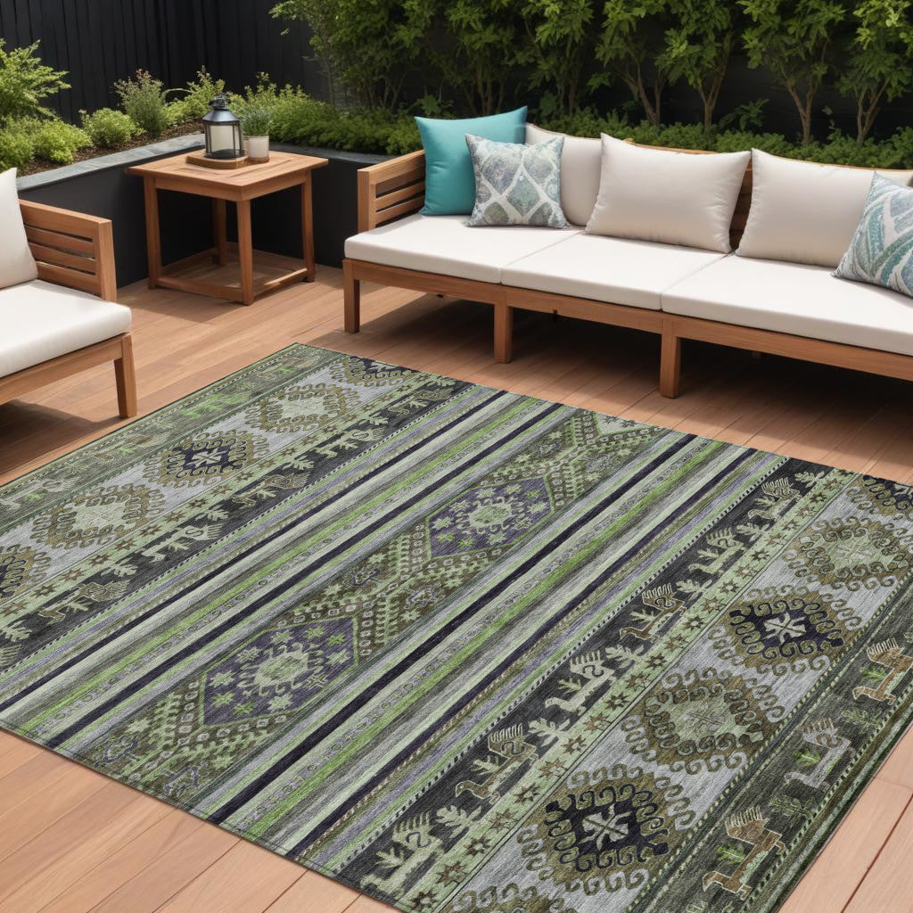 8 X 10 Fern Green Taupe And Ivory Tribal Washable Indoor Outdoor Area Rug