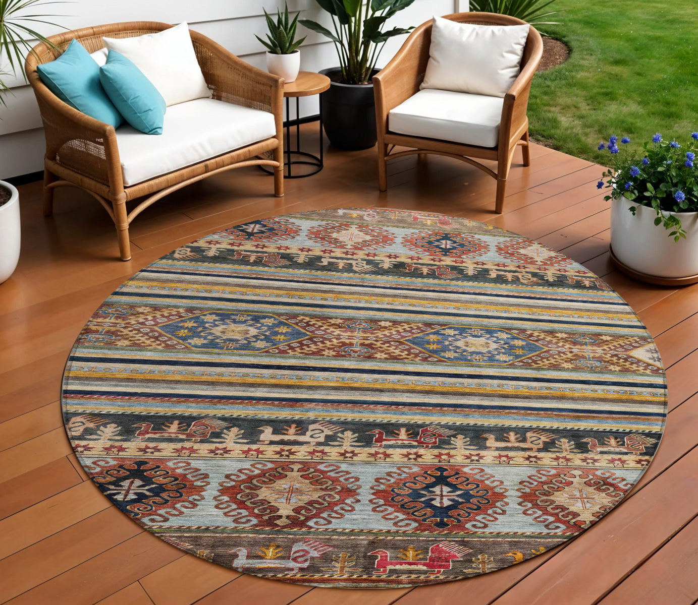 8 Rust Gray And Gold Round Tribal Washable Indoor Outdoor Area Rug