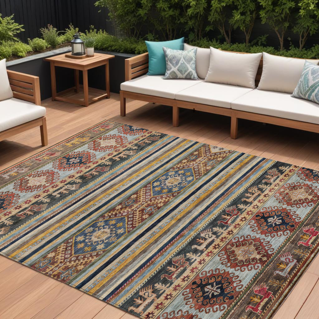 9 X 12 Rust Gray And Gold Tribal Washable Indoor Outdoor Area Rug