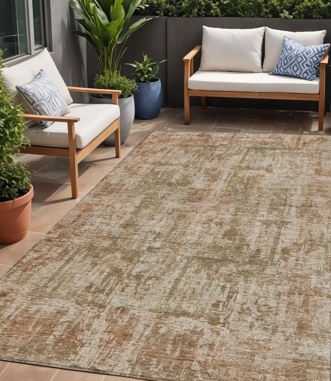 5 X 8 Beige And Copper Abstract Washable Indoor Outdoor Area Rug