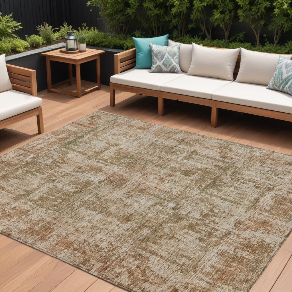 8 X 10 Beige And Copper Abstract Washable Indoor Outdoor Area Rug