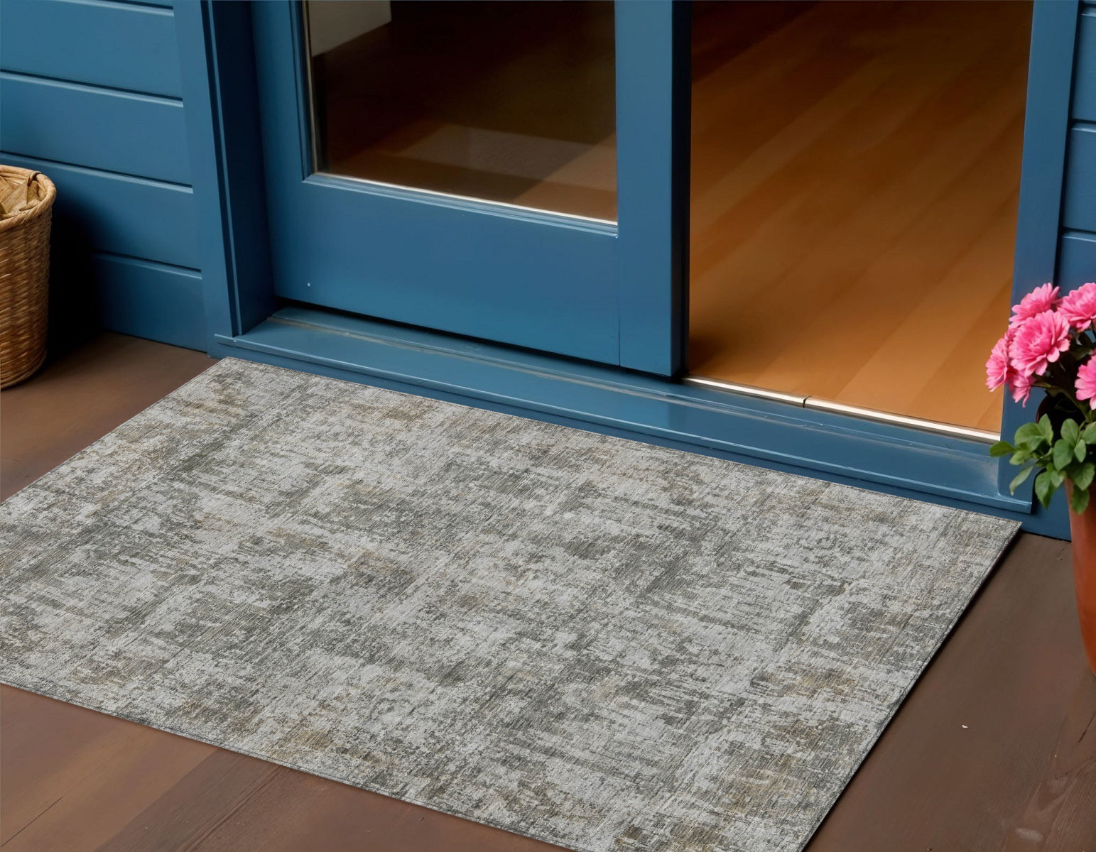 3 X 5 Pewter And Ivory Abstract Washable Indoor Outdoor Area Rug