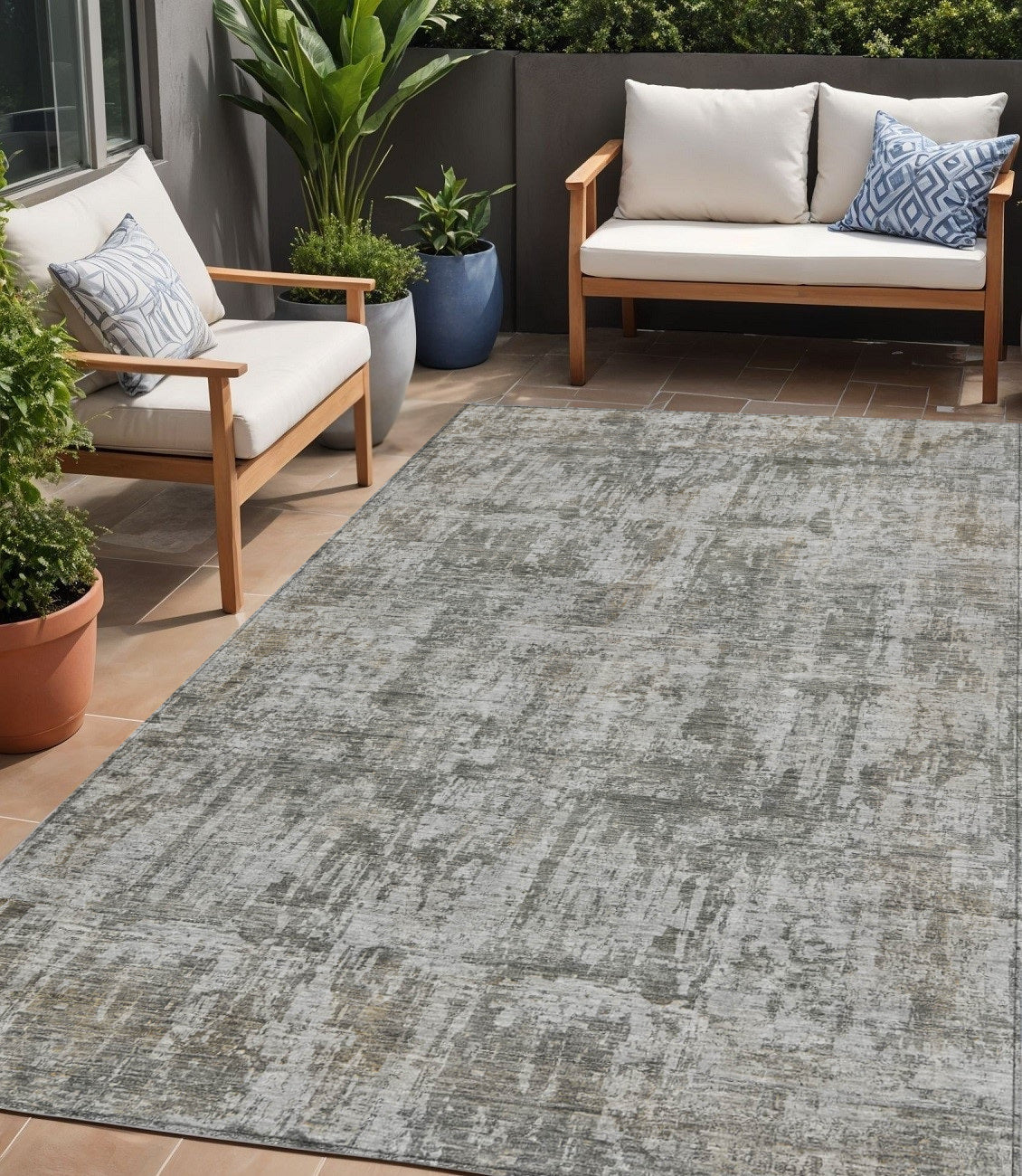 5 X 8 Pewter And Ivory Abstract Washable Indoor Outdoor Area Rug