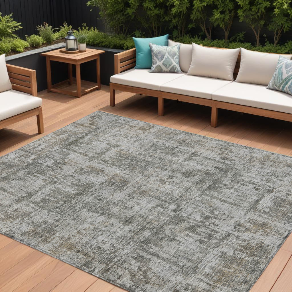 9 X 12 Pewter And Ivory Abstract Washable Indoor Outdoor Area Rug