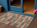 3 X 5 Beige Blue And Gold Striped Washable Indoor Outdoor Area Rug