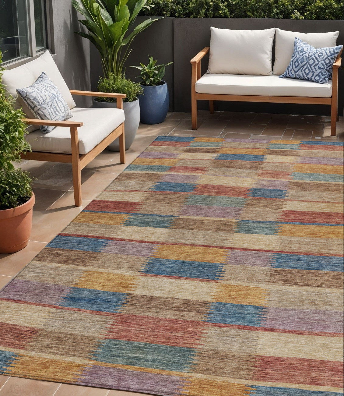 5 X 8 Beige Blue And Gold Striped Washable Indoor Outdoor Area Rug