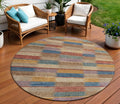 8 Beige Blue And Gold Round Striped Washable Indoor Outdoor Area Rug