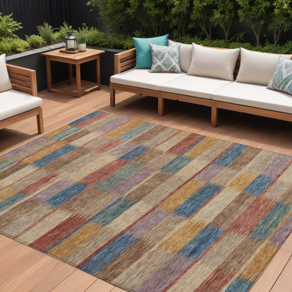 8 X 10 Beige Blue And Gold Striped Washable Indoor Outdoor Area Rug