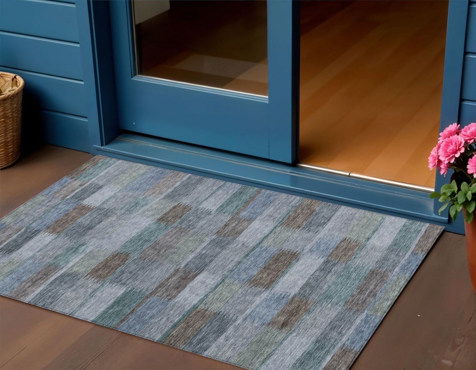 3 X 5 Blue Denim Blue And Brown Striped Washable Indoor Outdoor Area Rug