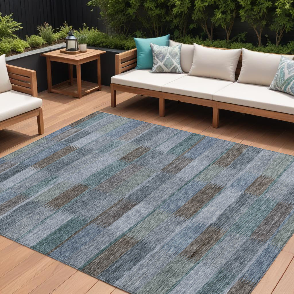 9 X 12 Blue Denim Blue And Brown Striped Washable Indoor Outdoor Area Rug