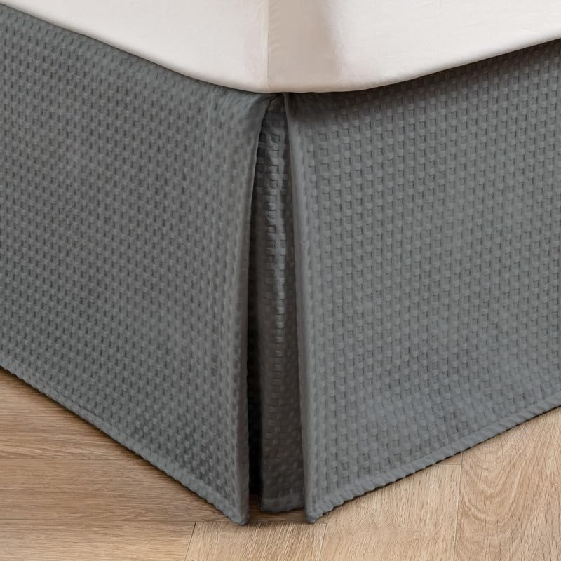 Miye Pleated Waffle Weave Bed Skirt, Tailored Dust Ruffle 14 Inch Drop Easy Fit, Machine Washable (Dark Grey, King - 14'' Drop)