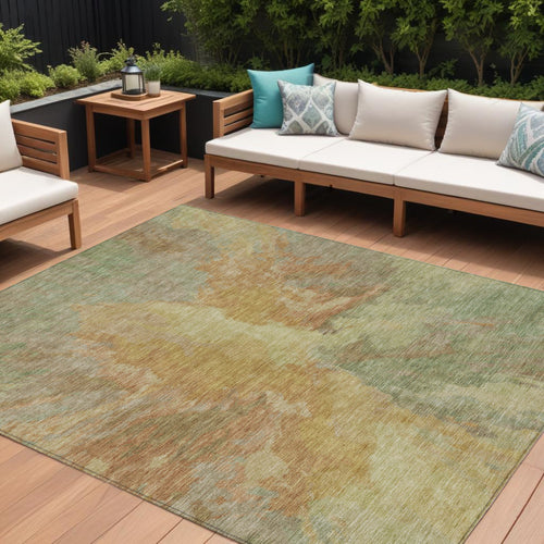 10 X 14 Artichoke Green And Gold Abstract Washable Indoor Outdoor Area Rug