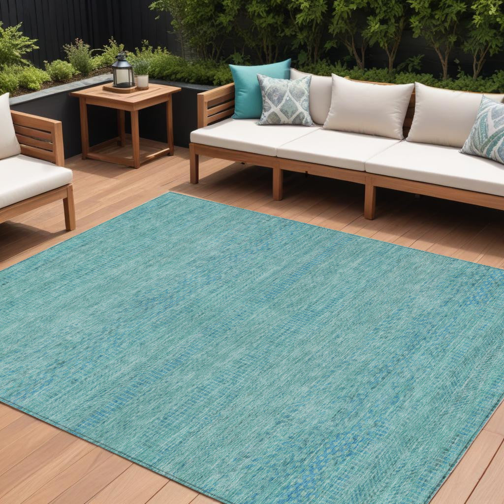 10 X 14 Aqua And Teal Blue Striped Washable Indoor Outdoor Area Rug