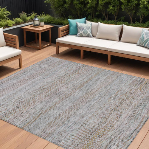 10 X 14 Linen And Gray Striped Washable Indoor Outdoor Area Rug