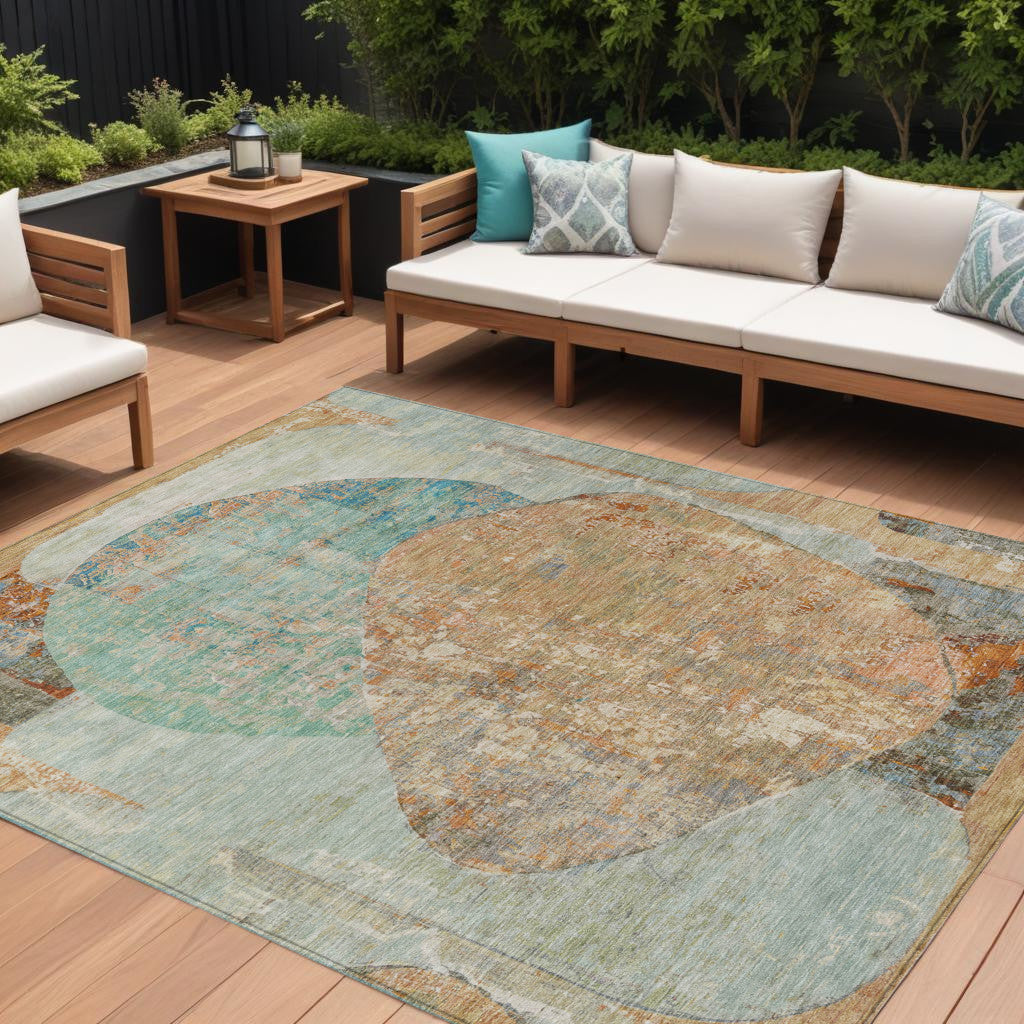 8 X 10 Teal Blue And Copper Abstract Washable Indoor Outdoor Area Rug