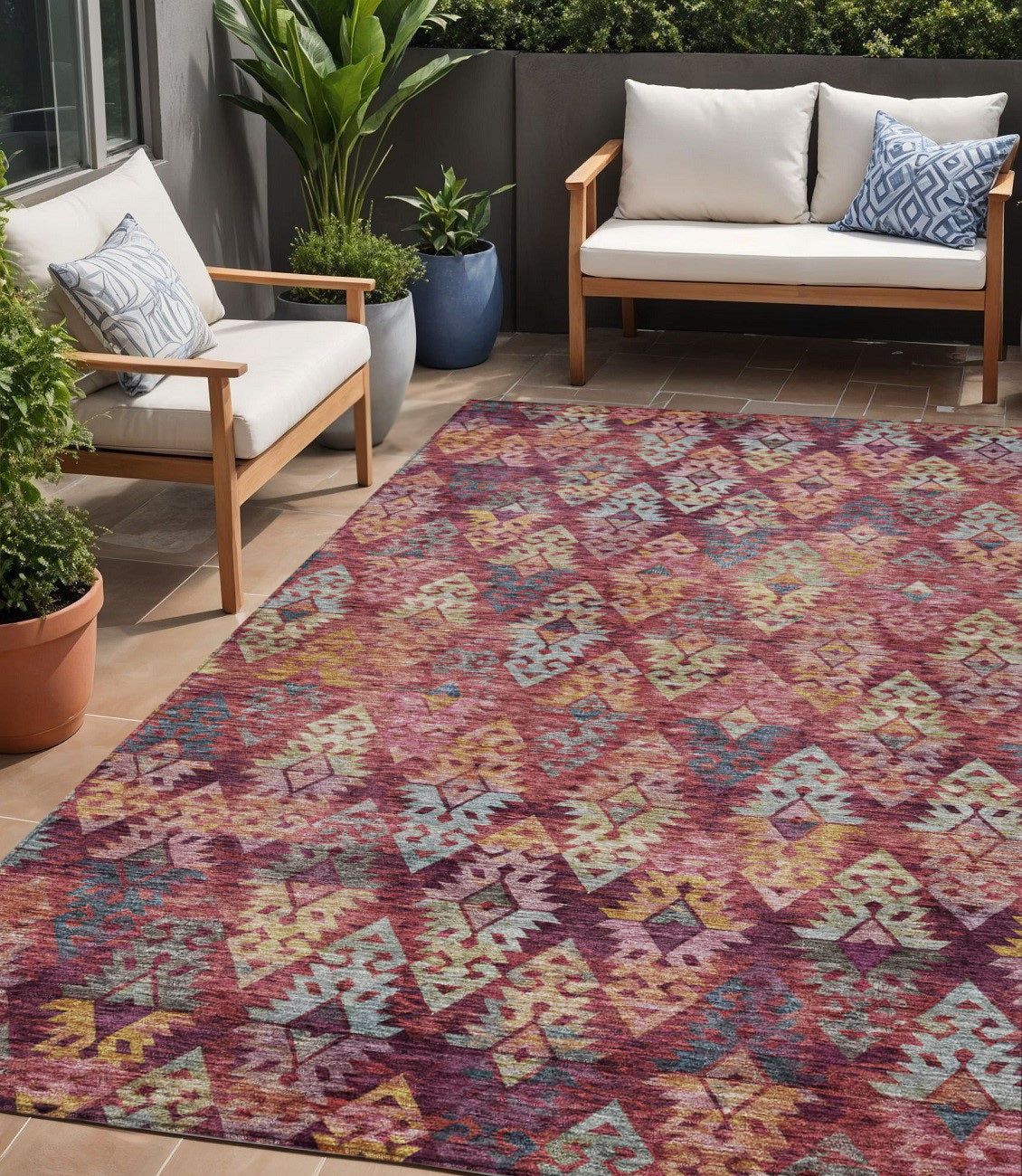 5 X 8 Rust Gold And Blush Aztec Washable Indoor Outdoor Area Rug