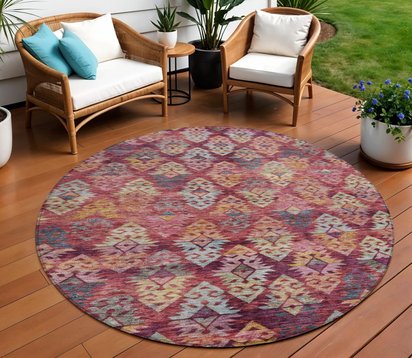 8 Rust Gold And Blush Round Aztec Washable Indoor Outdoor Area Rug