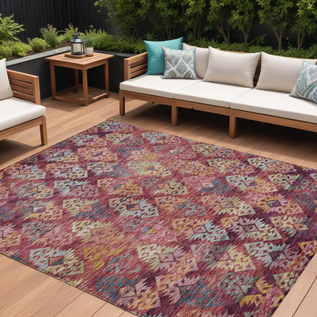 8 X 10 Rust Gold And Blush Aztec Washable Indoor Outdoor Area Rug