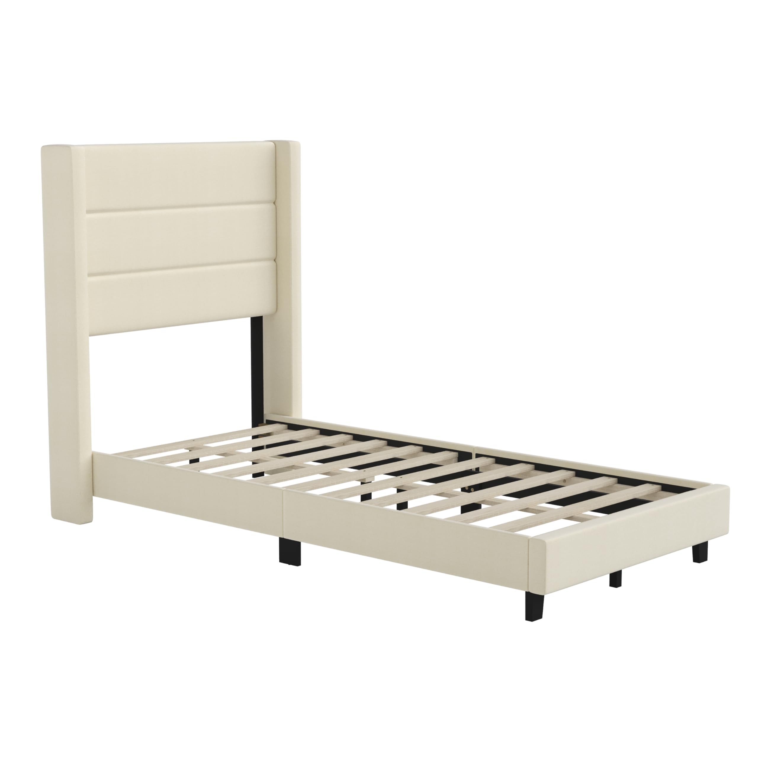 Flash Furniture Hollis Upholstered Platform Bed - Beige Faux Linen Wingback Headboard - Twin - Mattress Foundation with Slatted Supports - No Box Spring Needed