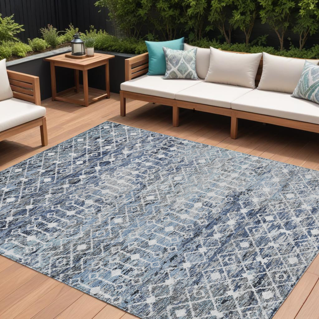 9 X 12 Blue And Silver Argyle Washable Indoor Outdoor Area Rug