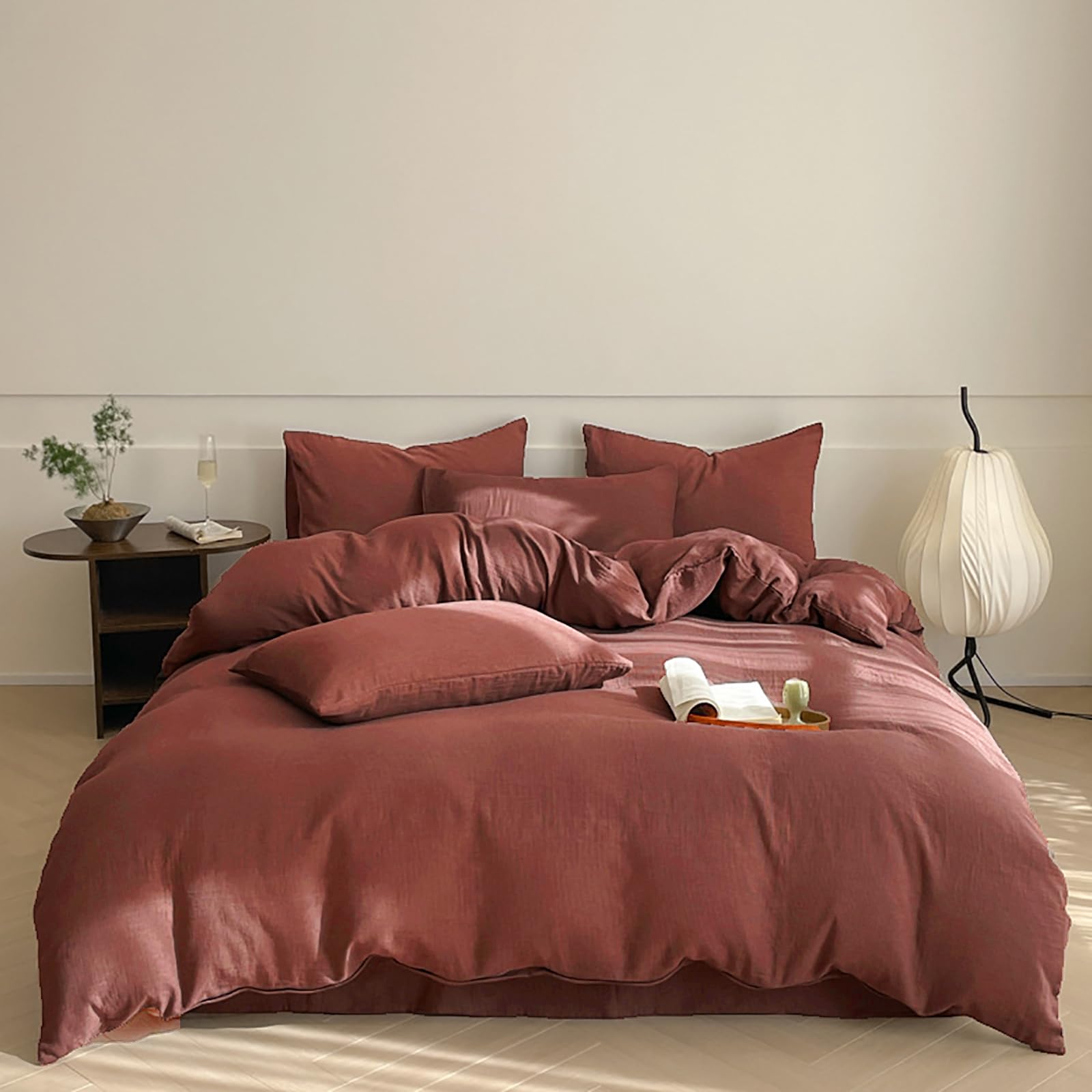 Luxlovery Brick Red Comforter Set Full Dark Rust Bedding Comforter Set Full Solid Blackish Red Cotton Soft Breathable Blanket Qu